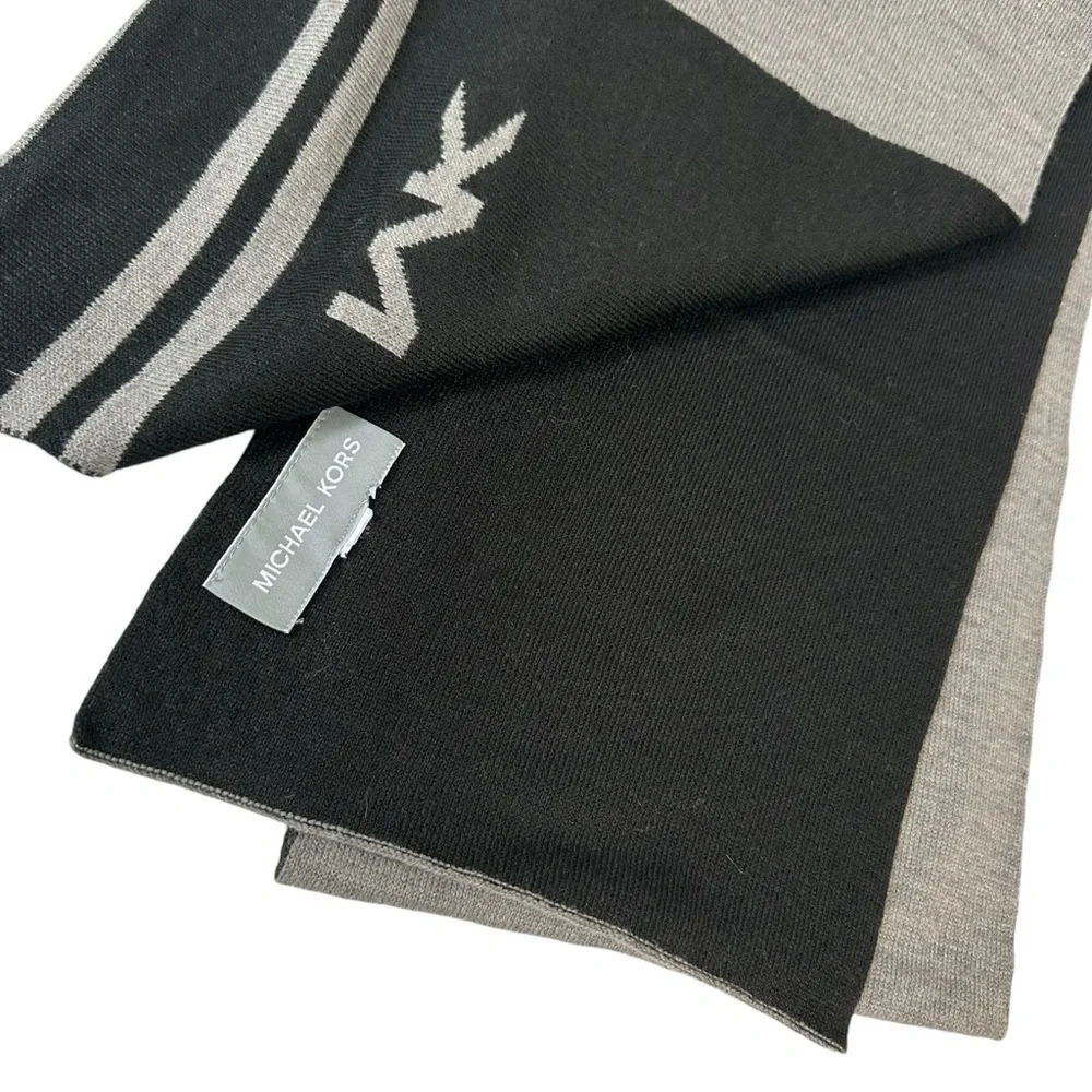 Michael Kors Big MK Bottom Stripe Knit Muffler Scarf, Gray with Black